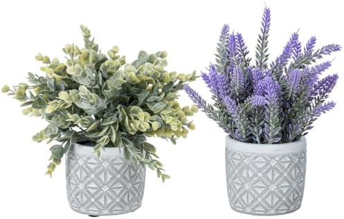 MyGift Artificial Eucalyptus and Lavender Plants in Modern Geometric Concrete Planters 2 Pc Set