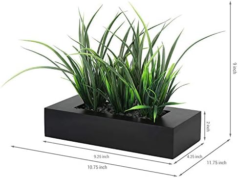 MyGift Artificial Green Grass Plants in Matte Black Wooden Planter
