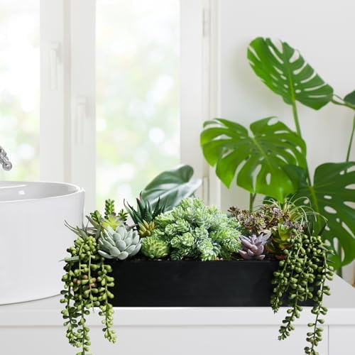 Winlyn 15 Inch Artificial Succulent Arrangement in Rustic Black Wooden Planter