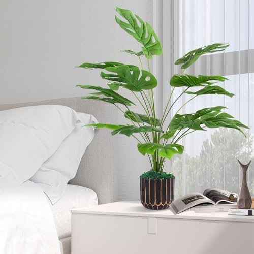 28 Artificial Monstera Faux Plants with Black Pot for Indoor Outdoor Decor