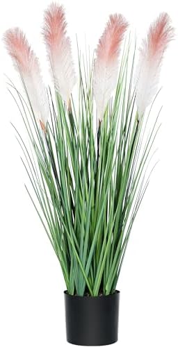 33 Inch Tall Artificial Reed Pampas Grass Plant with Black Pot Pink Beige