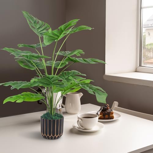 28 Artificial Monstera Faux Plants with Black Pot for Indoor Outdoor Decor