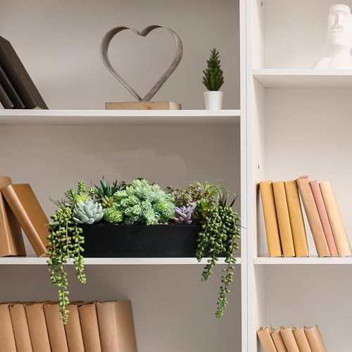 Winlyn 15 Inch Artificial Succulent Arrangement in Rustic Black Wooden Planter