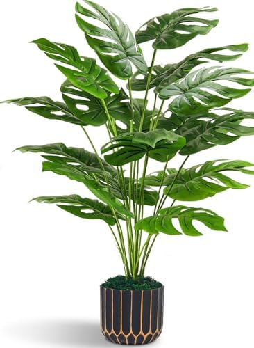 28 Artificial Monstera Faux Plants with Black Pot for Indoor Outdoor Decor