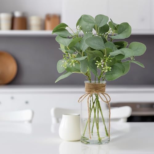 Rosscer Artificial Eucalyptus Stems in Glass Vase with Faux Water