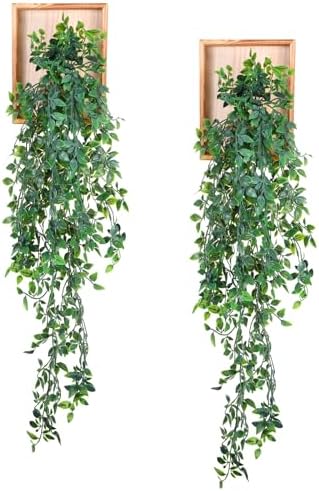 2 Pack Artificial Hanging Mandala Plants with Wooden Frames