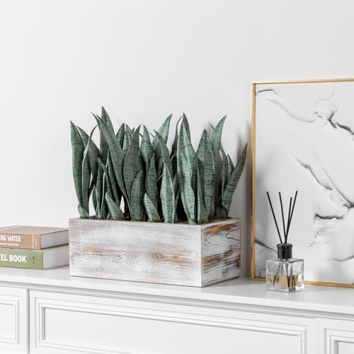 MyGift 15-Inch Artificial Snake Plant Centerpiece in White Wood Planter