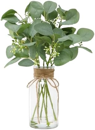 Rosscer Artificial Eucalyptus Stems in Glass Vase with Faux Water