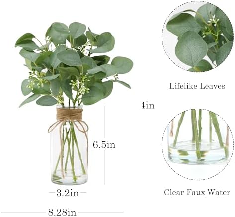 Rosscer Artificial Eucalyptus Stems in Glass Vase with Faux Water