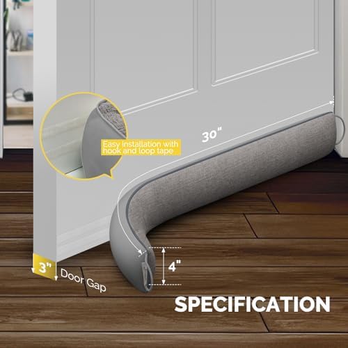 Fowong Door Draft Stopper 30 Inch Weighted Noise Blocker with Hook Tapes for Easy Install Grey