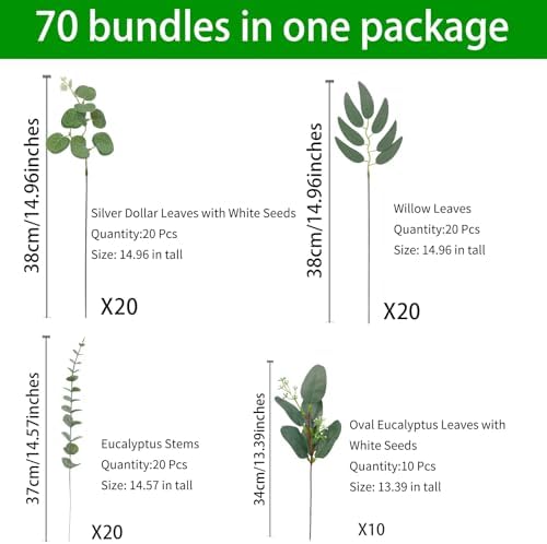 70Pcs Fake Eucalyptus Bulk Artificial Greenery for Bouquets Vases Wedding Decor