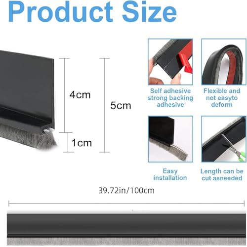 39 Inch Door Draft Stopper with Brush - Black