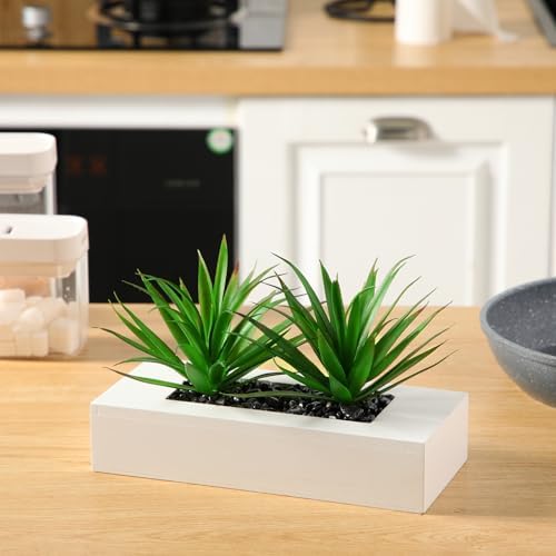 Hotop 2 Pcs Artificial Green Grass Plants in White Wood Planter Pots