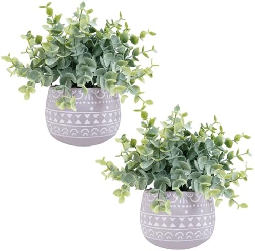 Winlyn 2 Pack Faux Eucalyptus Plants in Gray Ceramic Pots