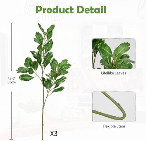 3PCS Artificial Greenery Stems 315 Inch Faux Pittosporum Leaves for Vase and Floral Arrangements