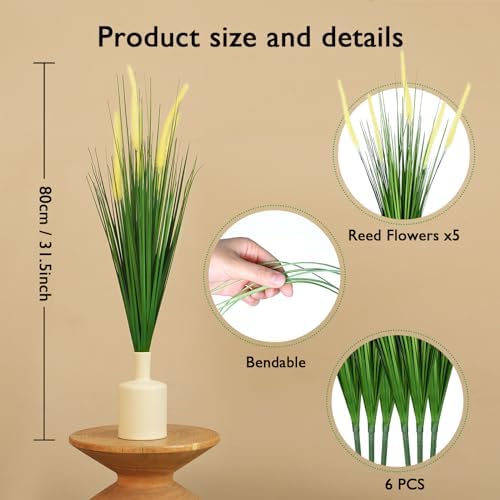 32 Inch Tall Foxtail Reed Artificial Plant 6 Pack UV Resistant Indoor Outdoor Decor