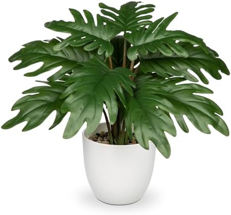 Hollyone Faux Monstera Artificial Plant in White Pot for Indoor Outdoor Decor