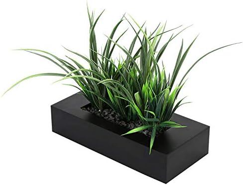 MyGift Artificial Green Grass Plants in Matte Black Wooden Planter
