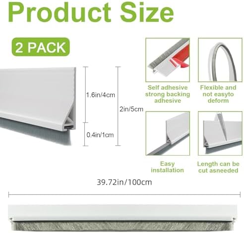 2 PCS Door Draft Stopper with Brush Self Adhesive White