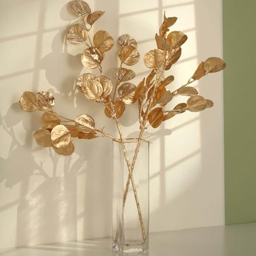 Efavormart 2 Pack 27 Inch Metallic Gold Artificial Eucalyptus Leaf Branches