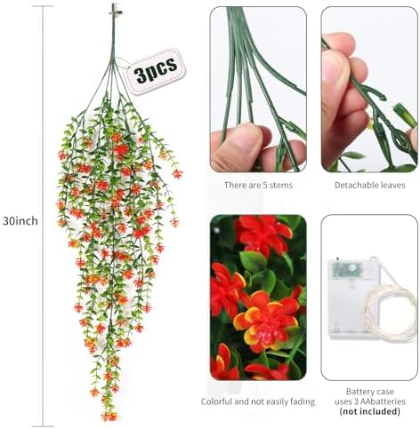 RECUTMS Artificial Plants 3 Pack Hanging with LED Lights 30 Inch Eucalyptus Indoor Outdoor Decor