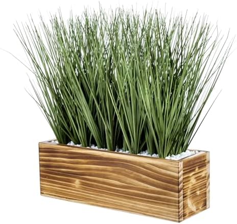 MyGift Artificial Grass in Rustic Burnt Wood Planter Box