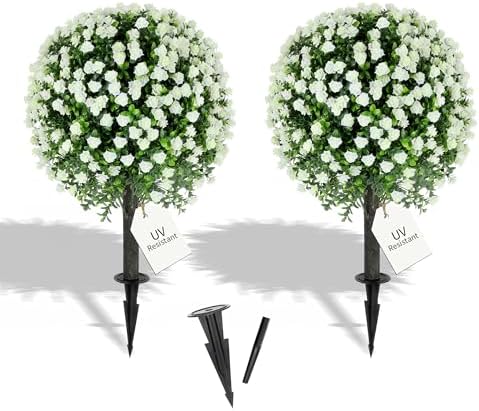 272 Inch Artificial White Rose Topiary Set of 2 with Spike