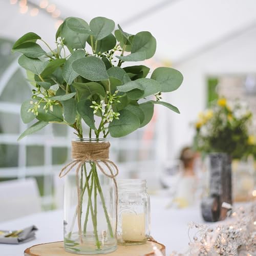 Rosscer Artificial Eucalyptus Stems in Glass Vase with Faux Water