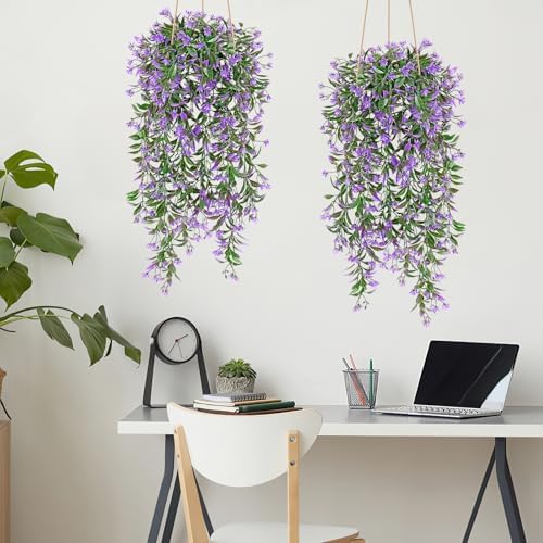TOCHGREEN 4Pcs Artificial Hanging Plants with Purple Flowers