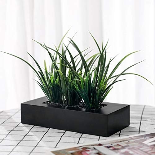 MyGift Artificial Green Grass Plants in Matte Black Wooden Planter