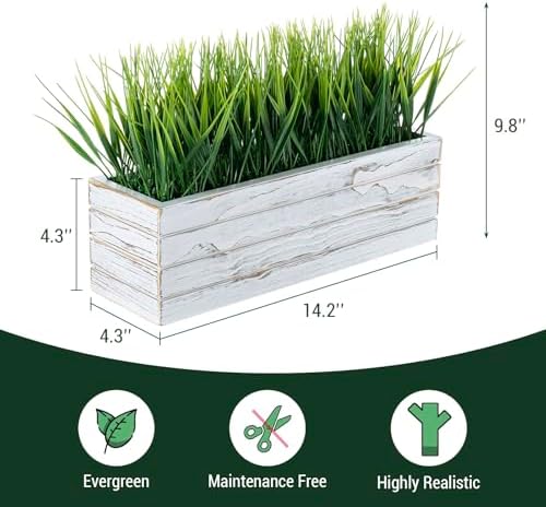 MyGift 14 Inch Artificial Grass in Shabby White Wood Planter