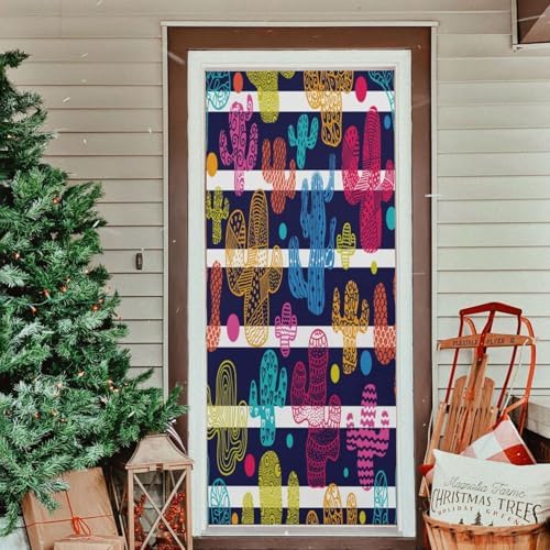 Susiyo Cute Cacti and Stripes Christmas Door Cover Stretch Fabric Decor for Home Holidays
