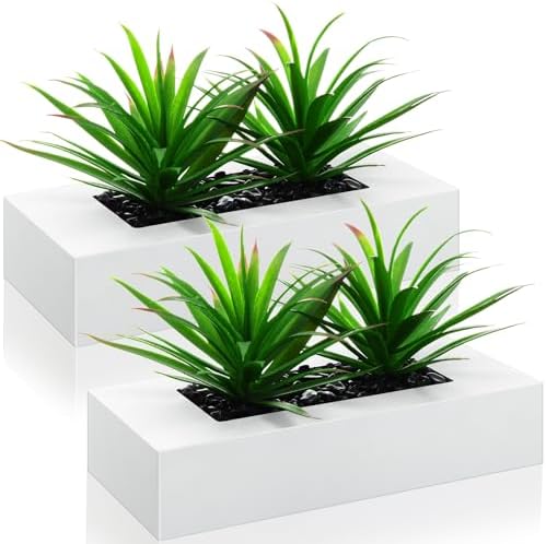 Hotop 2 Pcs Artificial Green Grass Plants in White Wood Planter Pots