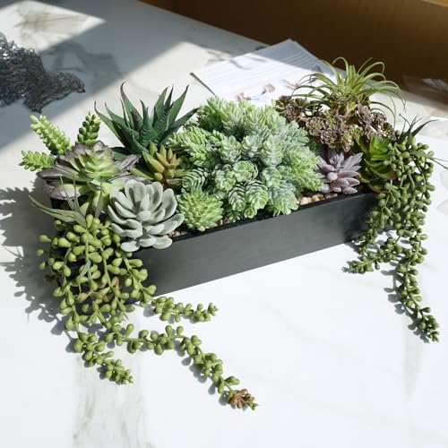 Winlyn 15 Inch Artificial Succulent Arrangement in Rustic Black Wooden Planter