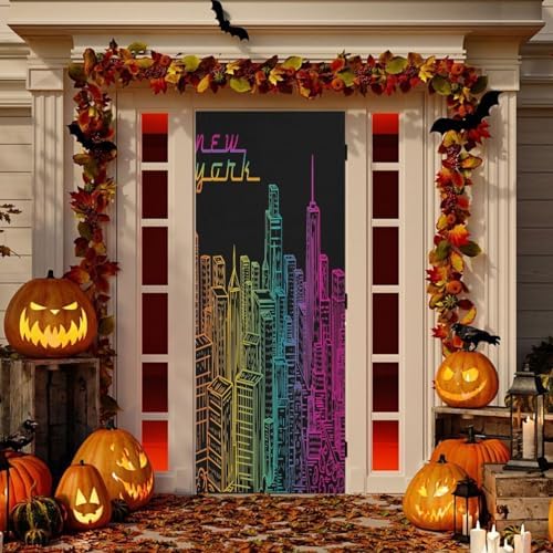 Susiyo NYC Night View Halloween Door Cover Stretch Fabric Door Decoration for Home Party Holidays