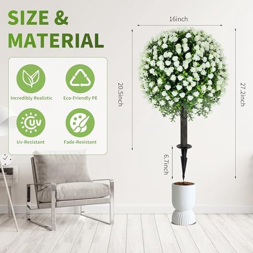 272 Inch Artificial White Rose Topiary Set of 2 with Spike