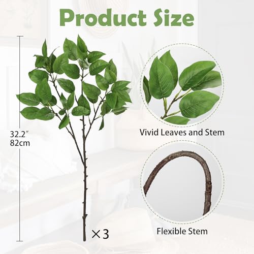 Artificial Camellia Leaf Stems 3PCS for Vase Decor