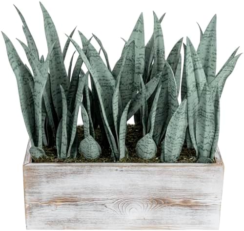 MyGift 15-Inch Artificial Snake Plant Centerpiece in White Wood Planter