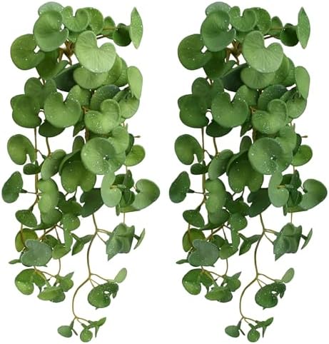 Fake Hanging Plants 2PCS Artificial Copper Coin Grass Plants for Wall Shelf Home Office Indoor Outdoor Garden Decor