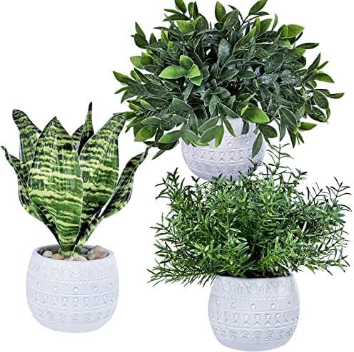 Winlyn 3-Piece Artificial Plant Set - Eucalyptus Rosemary Tropical Snake Plant with White Geometric Pots