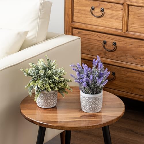 MyGift Artificial Eucalyptus and Lavender Plants in Modern Geometric Concrete Planters 2 Pc Set