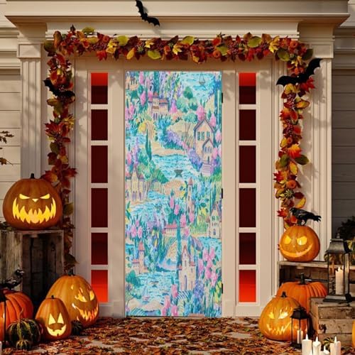 Susiyo Blue Watercolor Halloween Door Cover Stretch Fabric