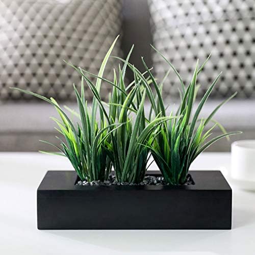MyGift Artificial Green Grass Plants in Matte Black Wooden Planter