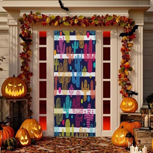 Susiyo Cute Cacti and Stripes Christmas Door Cover Stretch Fabric Decor for Home Holidays