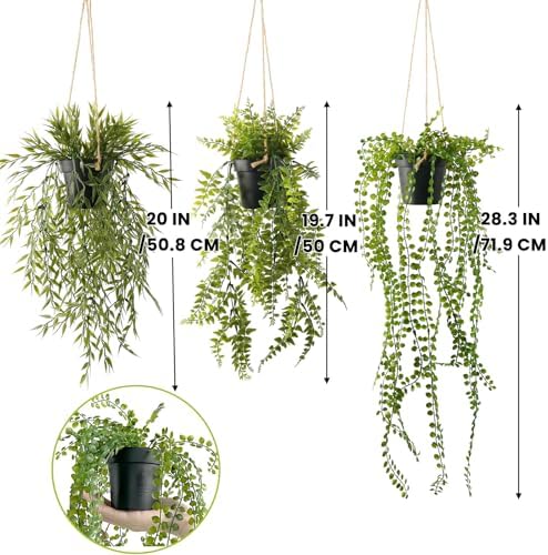 3 Packs Fake Hanging Plants with Pots and Twines for Wall Decor