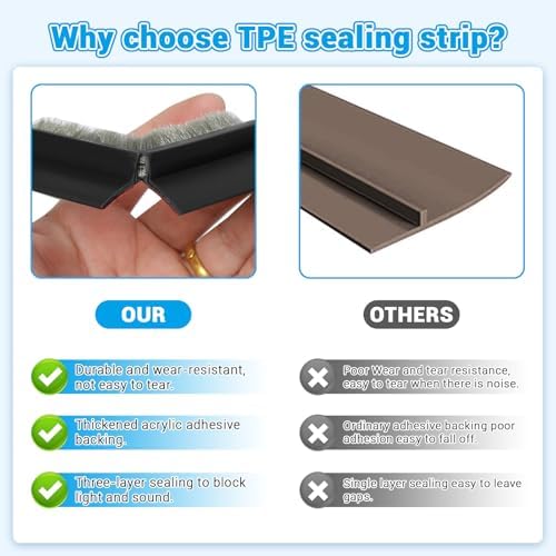 Huakaile 2 Pack Rubber Door Sweep with Brush Self-Adhesive Draft Stopper for Door Seals Black