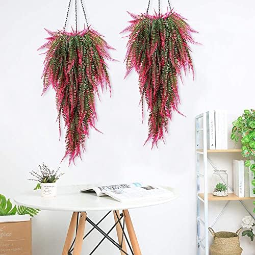 RECUTMS 4 Pcs Artificial Hanging Boston Ferns Plants Faux Greenery Wall Decor for Indoor Outdoor Garden Wedding Pink