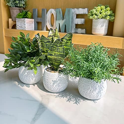 Winlyn 3-Piece Artificial Plant Set - Eucalyptus Rosemary Tropical Snake Plant with White Geometric Pots