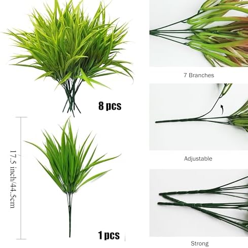 FANMINI 8 Bundle Artificial Grass Plants 17 Inch UV Resistant Faux Greenery for Home Garden Decor