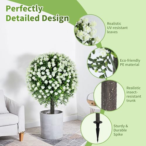 272 Inch Artificial White Rose Topiary Set of 2 with Spike